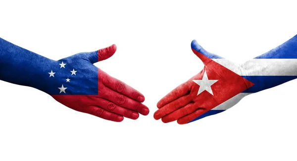 Aperto Mão Entre Cuba Samoa Bandeiras Pintadas Mãos Imagem Transparente — Fotografia de Stock