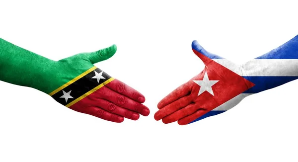 Händedruck Zwischen Kuba Und Kitts Und Nevis Flaggen Auf Hände — Stockfoto