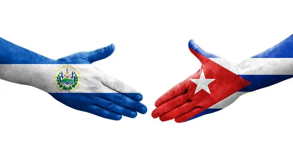 Potřesení Rukou Mezi Kubánskými Salvadorskými Vlajkami Namalovanými Rukou Izolovaný Průhledný — Stock fotografie