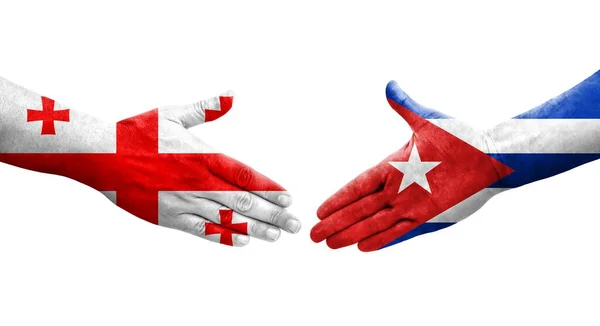 Händedruck Zwischen Kuba Und Georgien Flaggen Auf Händen Gemalt Isoliertes — Stockfoto