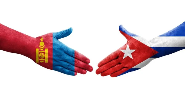 Handshake Entre Cuba Mongólia Bandeiras Pintadas Mãos Imagem Transparente Isolada — Fotografia de Stock