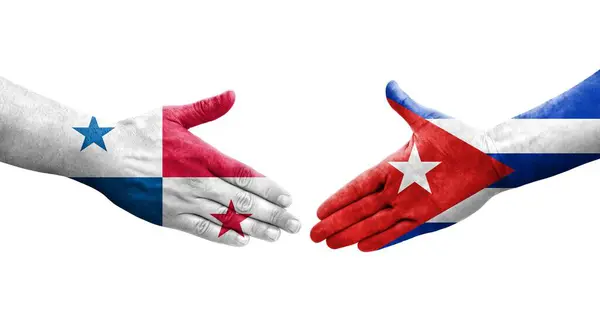 Рукостискання Між Кубинськими Панамськими Прапорами Намальоване Руках Ізольоване Прозоре Зображення — стокове фото