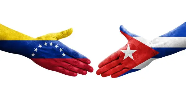 古巴和委内瑞拉之间握手 手绘国旗 孤立透明的形象 — 图库照片