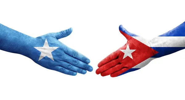 Рукостискання Між Прапорами Куби Сомалі Намальоване Руках Ізольоване Прозоре Зображення — стокове фото