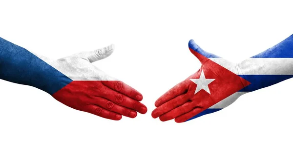 Рукостискання Між Прапорами Куби Чехії Намальоване Руках Ізольоване Прозоре Зображення — стокове фото