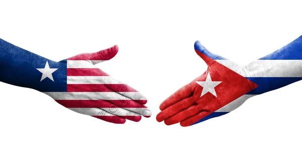 Рукостискання Між Прапорами Куби Ліберії Намальоване Руках Ізольоване Прозоре Зображення — стокове фото