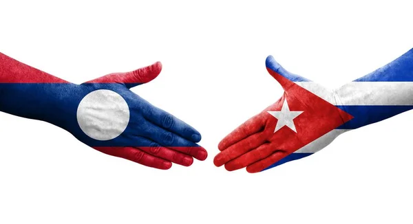 Handslag Mellan Kuba Och Laos Flaggor Målade Händer Isolerad Transparent — Stockfoto