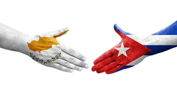 Рукостискання Між Прапорами Куби Кіпру Намальоване Руках Ізольоване Прозоре Зображення — стокове фото