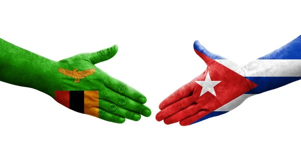 Händedruck Zwischen Kuba Und Sambia Flaggen Auf Hände Gemalt Isoliertes — Stockfoto