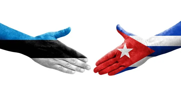 Händedruck Zwischen Den Flaggen Kubas Und Estlands Auf Die Hände — Stockfoto