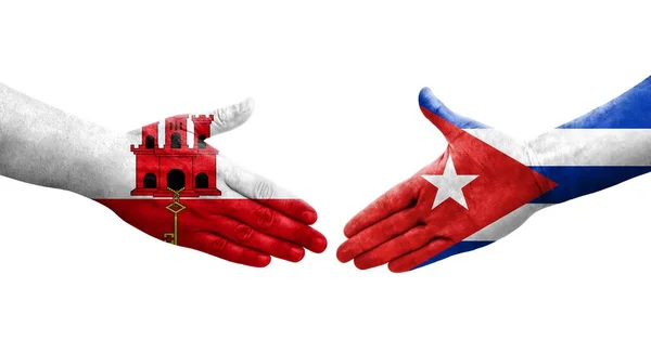 Рукостискання Між Кубою Гібралтарськими Прапорами Намальоване Руках Ізольоване Прозоре Зображення — стокове фото