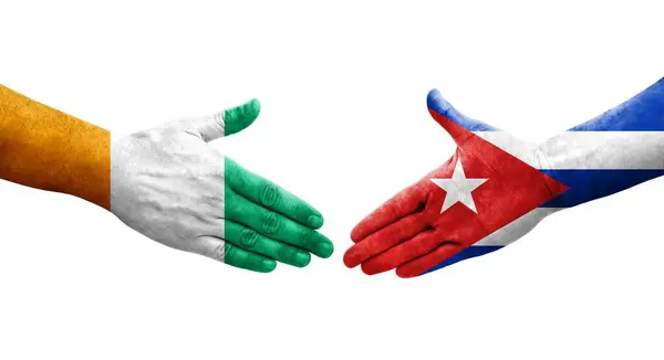 Aperto Mão Entre Cuba Costa Marfim Bandeiras Pintadas Mãos Imagem — Fotografia de Stock