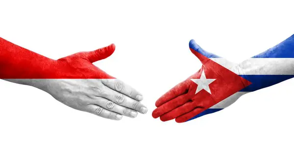 Händedruck Zwischen Den Flaggen Kubas Und Indonesiens Auf Die Hände — Stockfoto