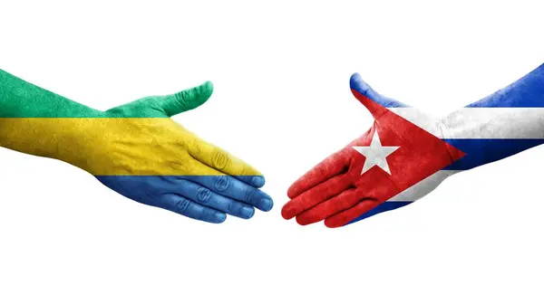 Händedruck Zwischen Kuba Und Gabun Fahnen Auf Hände Gemalt Isoliertes — Stockfoto