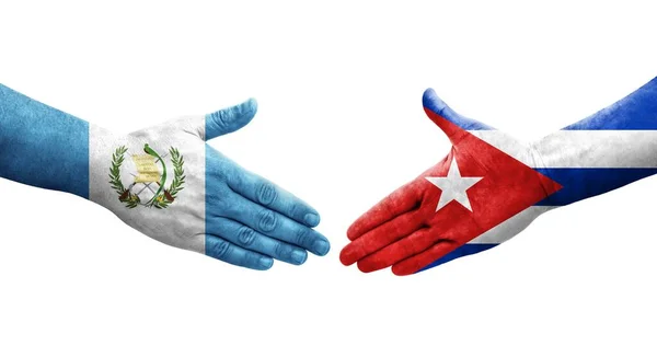 Рукостискання Між Прапорами Куби Гватемали Намальоване Руках Ізольоване Прозоре Зображення — стокове фото