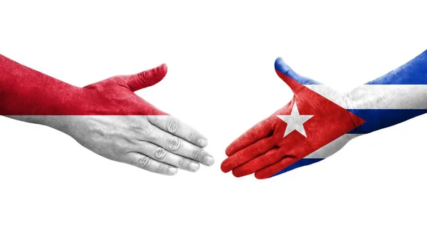 Aperto Mão Entre Cuba Mônaco Bandeiras Pintadas Mãos Imagem Transparente — Fotografia de Stock