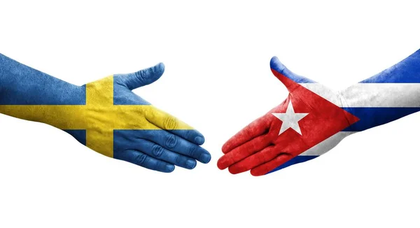 Händedruck Zwischen Den Flaggen Kubas Und Schwedens Auf Die Hände — Stockfoto