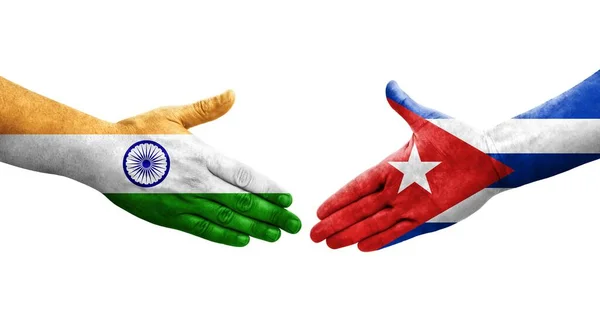 Aperto Mão Entre Cuba Índia Bandeiras Pintadas Mãos Imagem Transparente — Fotografia de Stock