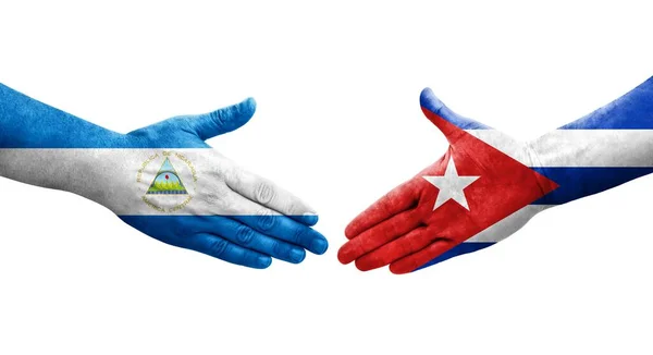 Рукостискання Між Прапорами Куби Нікарагуа Намальоване Руках Ізольоване Прозоре Зображення — стокове фото