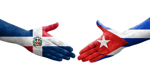 Potřesení Rukou Mezi Kubou Dominikánskou Republikou Vlajky Namalované Rukou Izolovaný — Stock fotografie