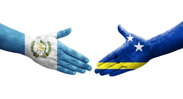 Χειραψία Μεταξύ Κουρασάο Και Της Γουατεμάλας Σημαίες Ζωγραφισμένα Στα Χέρια — Φωτογραφία Αρχείου