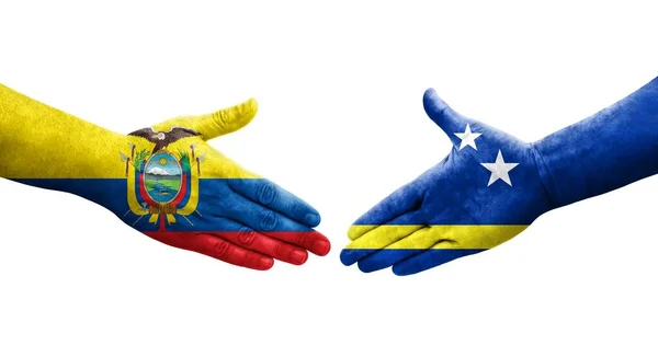 Χειραψία Μεταξύ Κουρασάο Και Εκουαδόρ Σημαίες Ζωγραφισμένα Στα Χέρια Απομονωμένη — Φωτογραφία Αρχείου