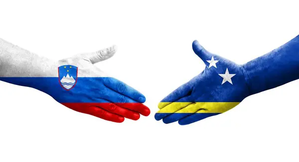 Handshake Curacao Slovenia Flags Painted Hands Isolated Transparent Image — Stock Photo, Image