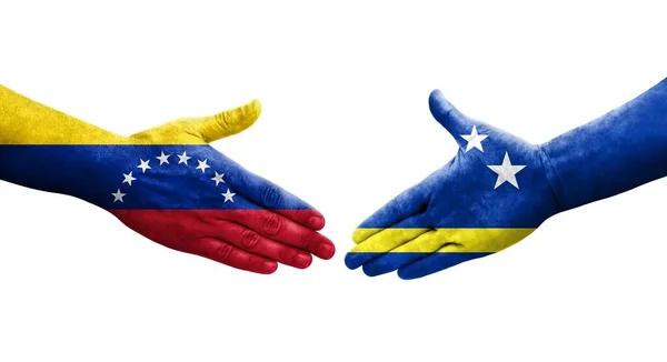 库拉索岛和委内瑞拉国旗之间的握手手绘 孤立透明的图像 — 图库照片