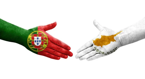 Handdruk Tussen Cyprus Portugal Handen Geschilderde Vlaggen Geïsoleerd Transparant Beeld — Stockfoto