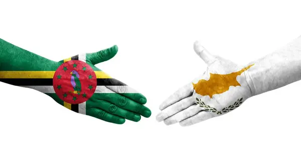 Aperto Mão Entre Chipre Dominica Bandeiras Pintadas Mãos Imagem Transparente — Fotografia de Stock