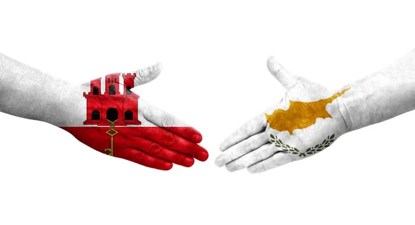 Handshake Cyprus Gibraltar Flags Painted Hands Isolated Transparent Image — Stock Photo, Image