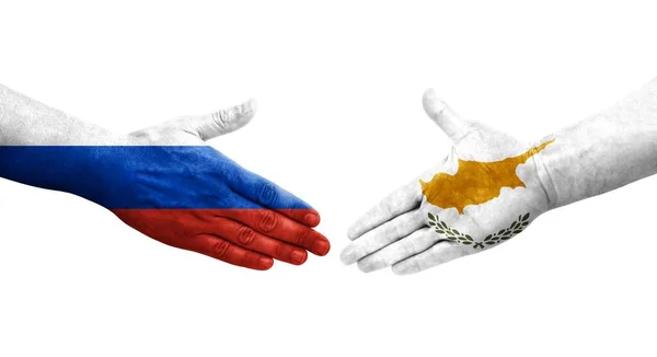 Uścisk Dłoni Między Cyprem Rosją Malowane Rękach Flagi Odizolowany Przezroczysty — Zdjęcie stockowe