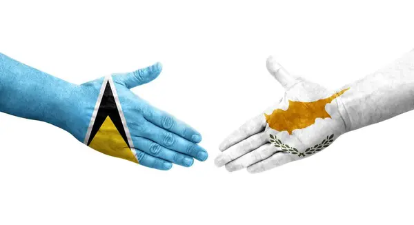 Handshake Cyprus Saint Lucia Flags Painted Hands Isolated Transparent Image — Stock Photo, Image