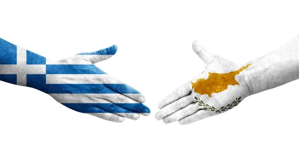 Χειραψία Μεταξύ Κύπρου Και Ελλάδας Σημαίες Ζωγραφισμένες Χέρια Απομονωμένη Διάφανη — Φωτογραφία Αρχείου