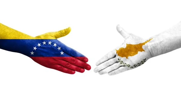塞浦路斯和委内瑞拉之间握手 手绘国旗 孤立透明的形象 — 图库照片