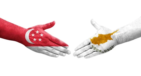 Handshake Cyprus Singapore Flags Painted Hands Isolated Transparent Image — Stock Photo, Image