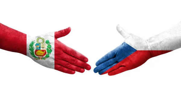 Рукостискання Між Чехами Перуанськими Прапорами Намальоване Руках Ізольоване Прозоре Зображення — стокове фото