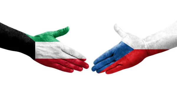 Kézfogás Csehszlovákia Kuvait Zászlók Között Kézre Festve Elszigetelt Átlátszó Kép — Stock Fotó