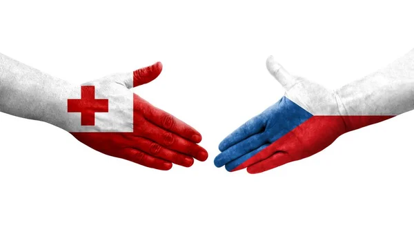 Handdruk Tussen Tsjechie Tonga Vlaggen Geschilderd Handen Geïsoleerd Transparant Beeld — Stockfoto