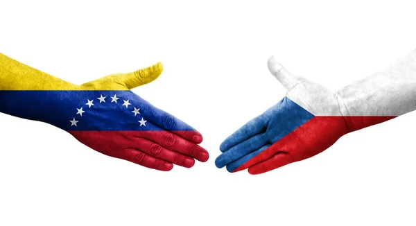 Χειραψία Μεταξύ Της Τσεχίας Και Της Βενεζουέλας Σημαίες Ζωγραφισμένα Στα — Φωτογραφία Αρχείου