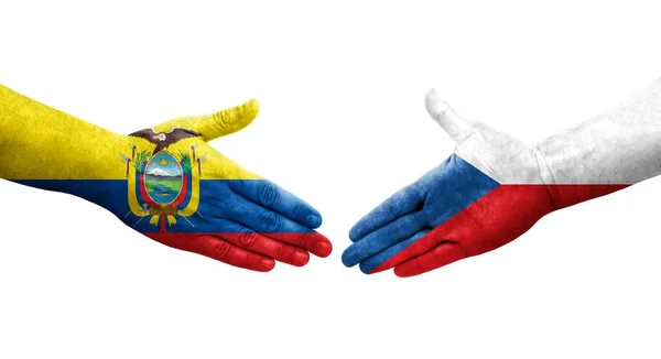 Apretón Manos Entre Las Banderas Chequia Ecuador Pintadas Las Manos — Foto de Stock