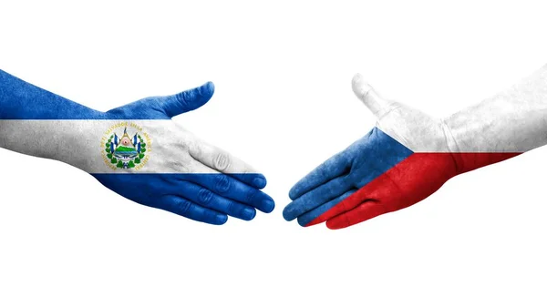 Händedruck Zwischen Tschechischen Und Salvadorianischen Flaggen Auf Hände Gemalt Isoliertes — Stockfoto