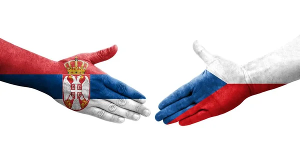 Apretón Manos Entre Las Banderas Chequia Serbia Pintadas Las Manos — Foto de Stock