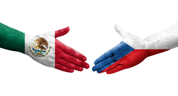 Рукостискання Між Чехами Мексиканськими Прапорами Намальоване Руках Ізольоване Прозоре Зображення — стокове фото