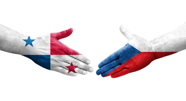 手に描かれたチェコとパナマの旗の間の握手 孤立した透明なイメージ — ストック写真