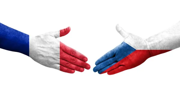 手に描かれたチェコとフランスの旗の間の握手 孤立した透明なイメージ — ストック写真
