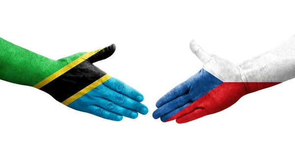 Aperto Mão Entre Checoslováquia Tanzânia Bandeiras Pintadas Mãos Imagem Transparente — Fotografia de Stock