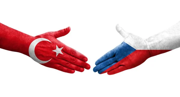 捷克和土耳其国旗之间的握手 孤立透明的形象 — 图库照片