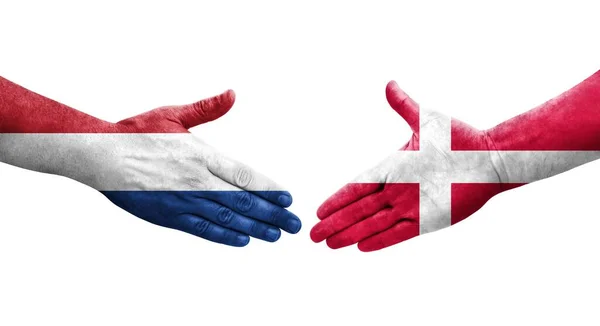丹麦和荷兰国旗之间的握手手绘 孤立透明的图像 — 图库照片