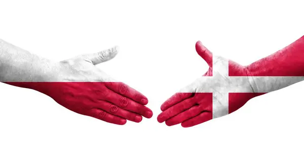 Uścisk Dłoni Między Danią Polską Flagi Malowane Rękach Odizolowany Przezroczysty — Zdjęcie stockowe